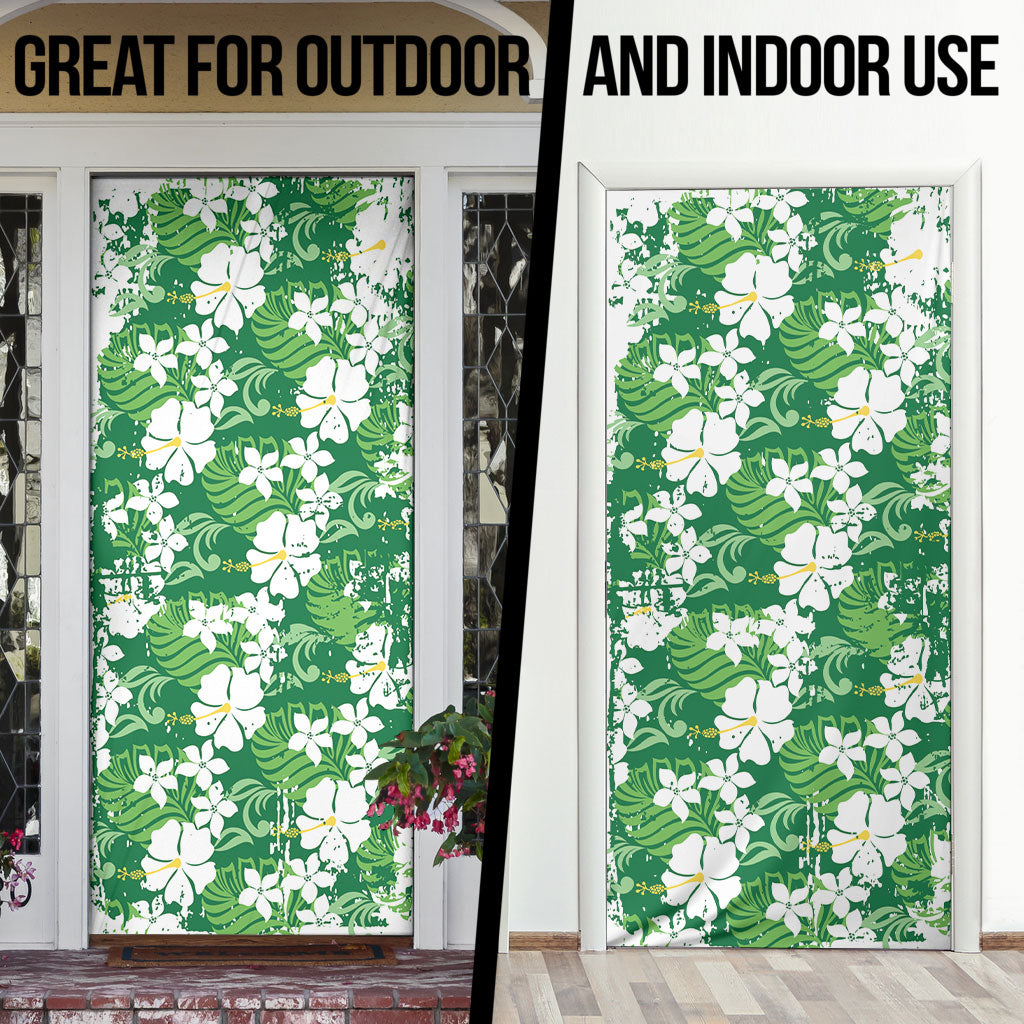 Green Hawaiian Hibiscus Monstera Door Cover Grunge Stylized