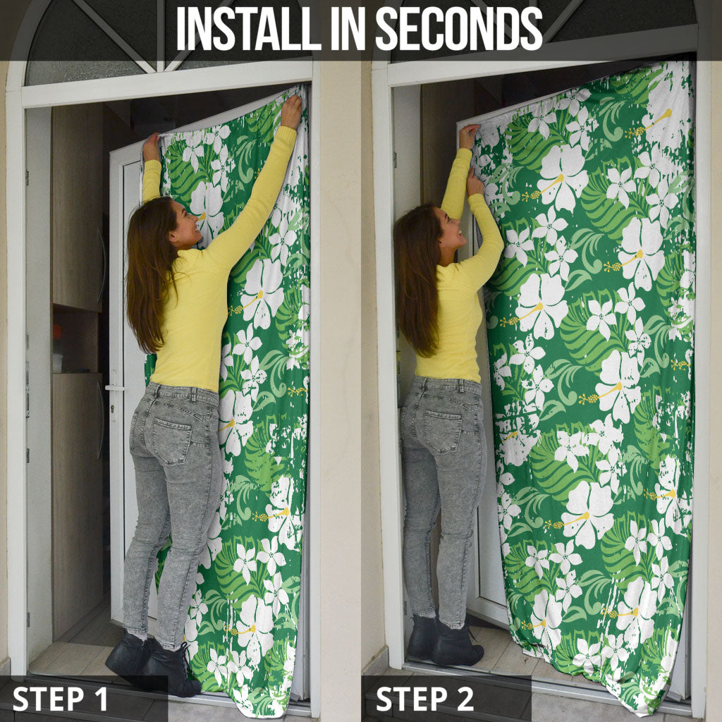 Green Hawaiian Hibiscus Monstera Door Cover Grunge Stylized