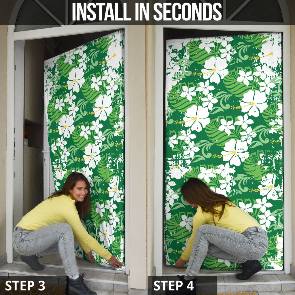 Green Hawaiian Hibiscus Monstera Door Cover Grunge Stylized
