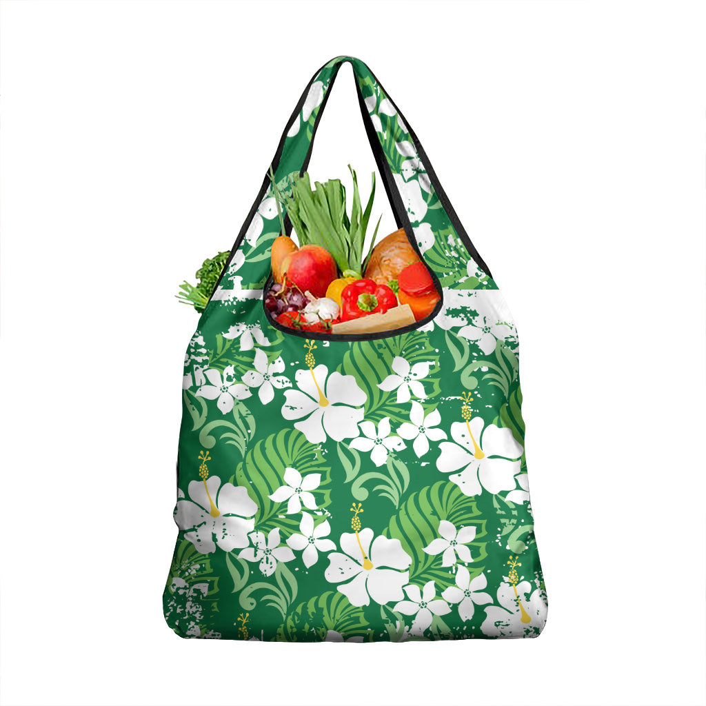 Green Hawaiian Hibiscus Monstera Grocery Bag Grunge Stylized