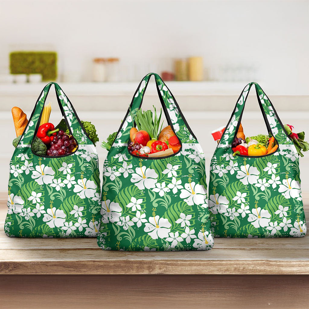 Green Hawaiian Hibiscus Monstera Grocery Bag Grunge Stylized LT01 3-pack One Size Green - Polynesian Pride