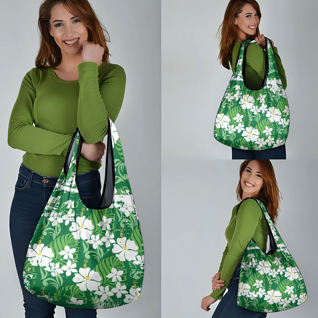 Green Hawaiian Hibiscus Monstera Grocery Bag Grunge Stylized LT01 - Polynesian Pride