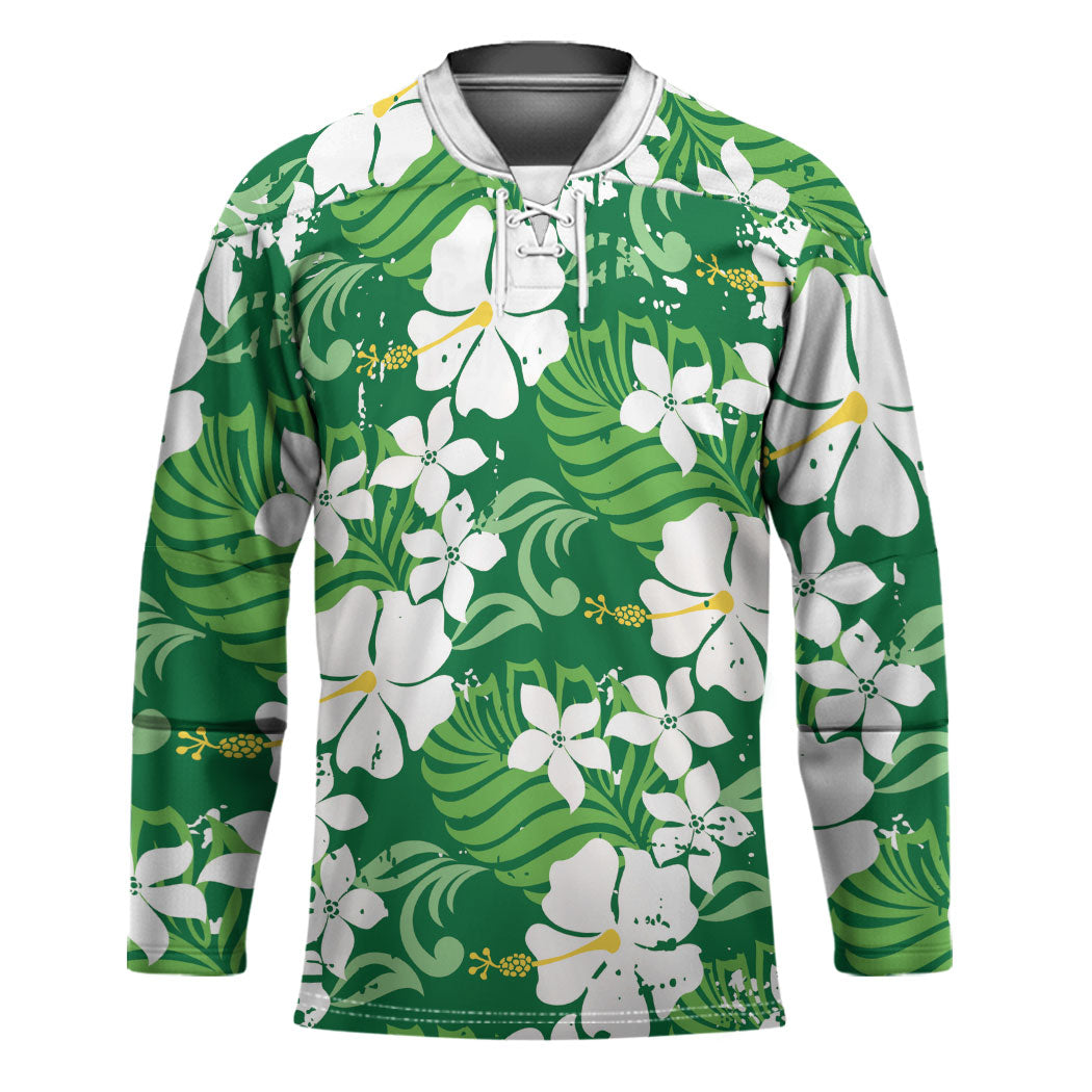 Green Hawaiian Hibiscus Monstera Hockey Jersey Grunge Stylized LT01 Unisex Green - Polynesian Pride