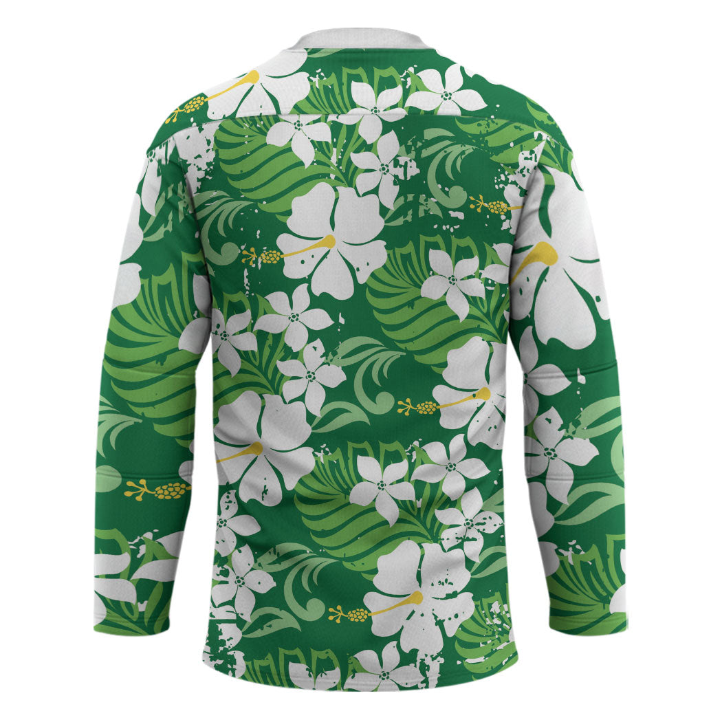Green Hawaiian Hibiscus Monstera Hockey Jersey Grunge Stylized LT01 - Polynesian Pride