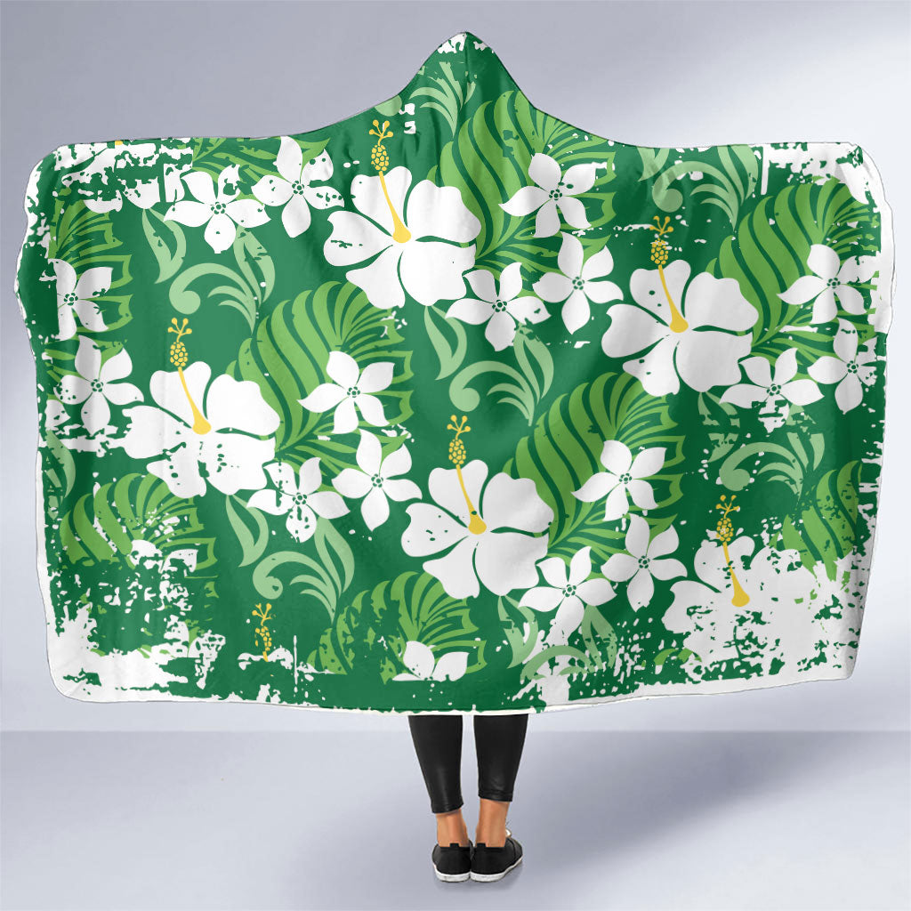 Green Hawaiian Hibiscus Monstera Hooded Blanket Grunge Stylized LT01 One Size Green - Polynesian Pride