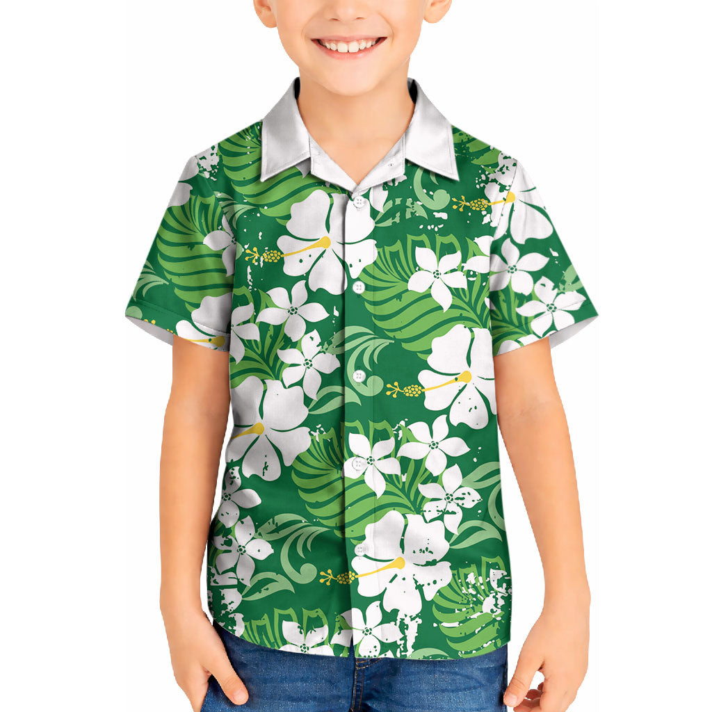 Green Hawaiian Hibiscus Monstera Kid Hawaiian Shirt Grunge Stylized LT01 Kid Green - Polynesian Pride