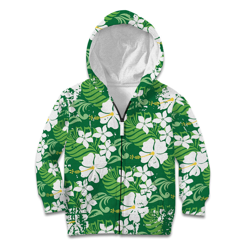 Green Hawaiian Hibiscus Monstera Kid Hoodie Grunge Stylized LT01 Zip Hoodie Green - Polynesian Pride