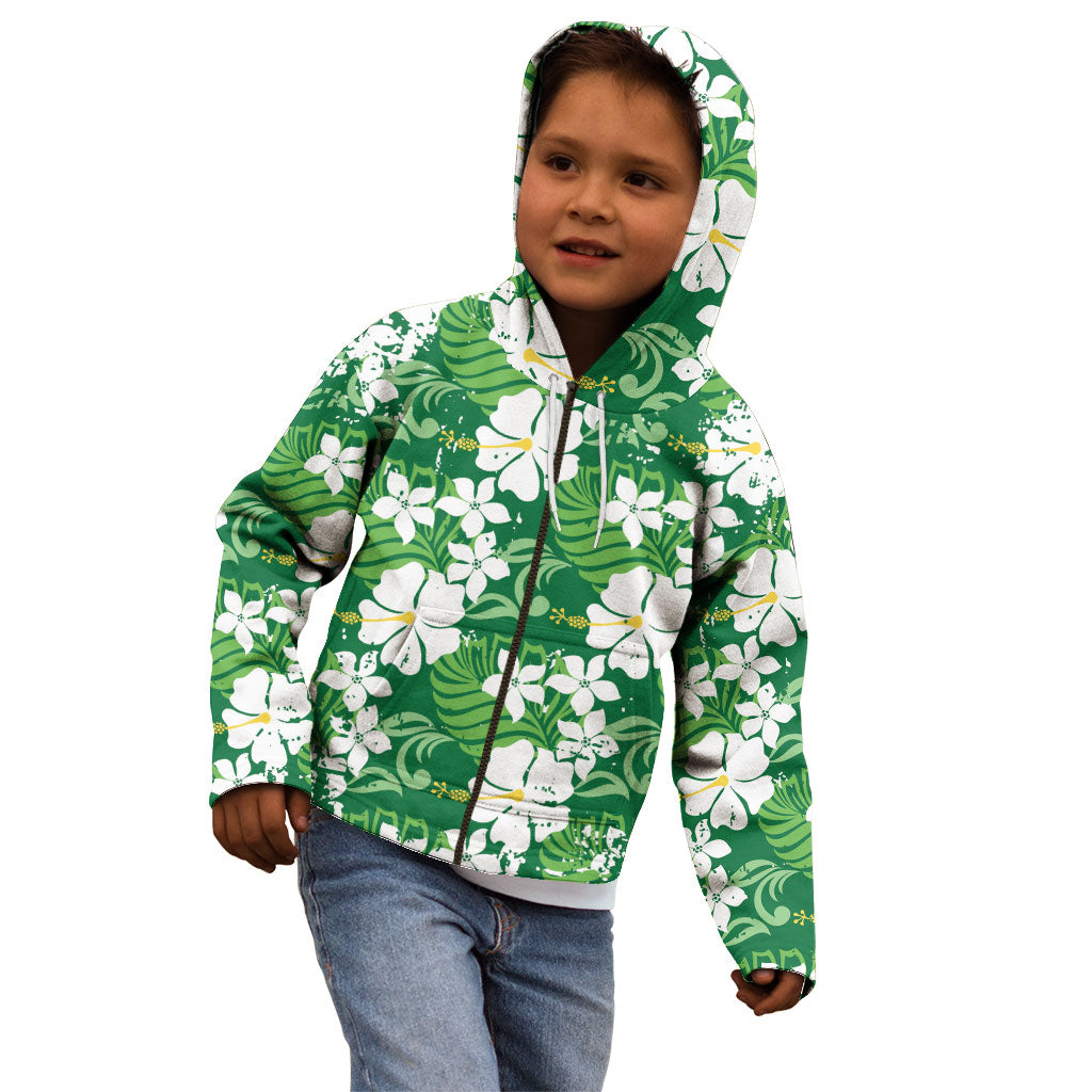 Green Hawaiian Hibiscus Monstera Kid Hoodie Grunge Stylized LT01 - Polynesian Pride