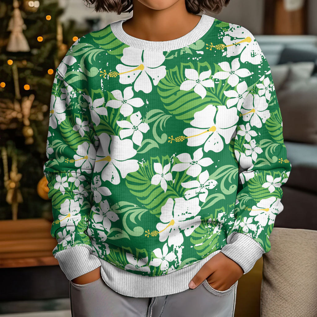 Green Hawaiian Hibiscus Monstera Kid Ugly Christmas Sweater Grunge Stylized