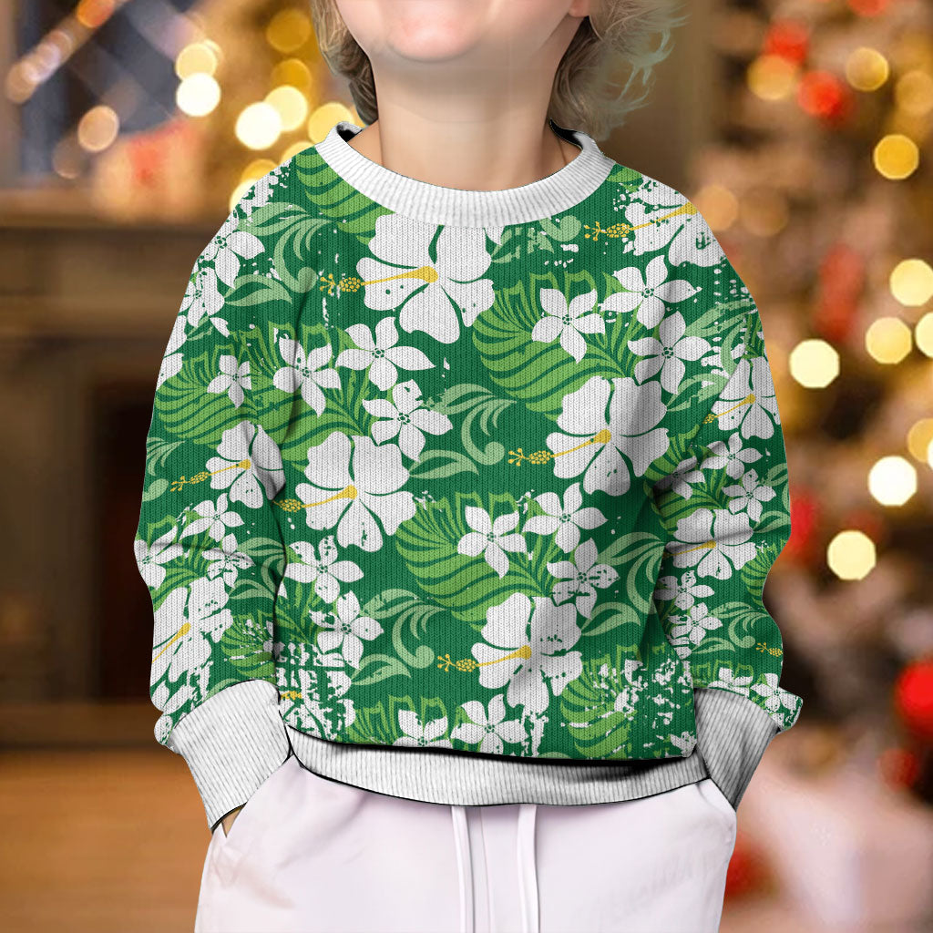Green Hawaiian Hibiscus Monstera Kid Ugly Christmas Sweater Grunge Stylized