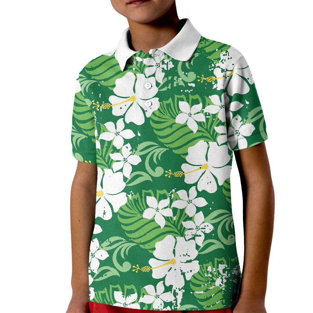 Green Hawaiian Hibiscus Monstera Kid Polo Shirt Grunge Stylized LT01 Kid Green - Polynesian Pride