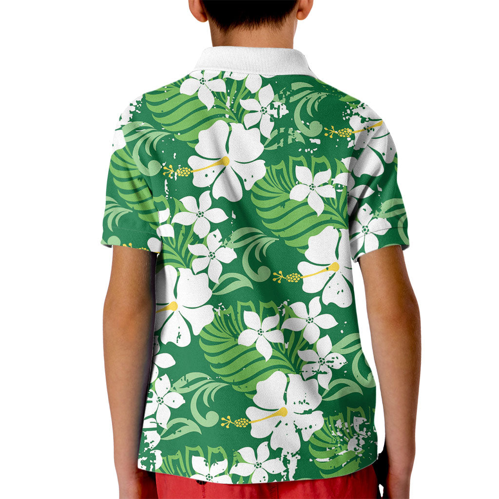 Green Hawaiian Hibiscus Monstera Kid Polo Shirt Grunge Stylized LT01 - Polynesian Pride