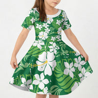 Green Hawaiian Hibiscus Monstera Kid Short Sleeve Dress Grunge Stylized LT01 KID Green - Polynesian Pride