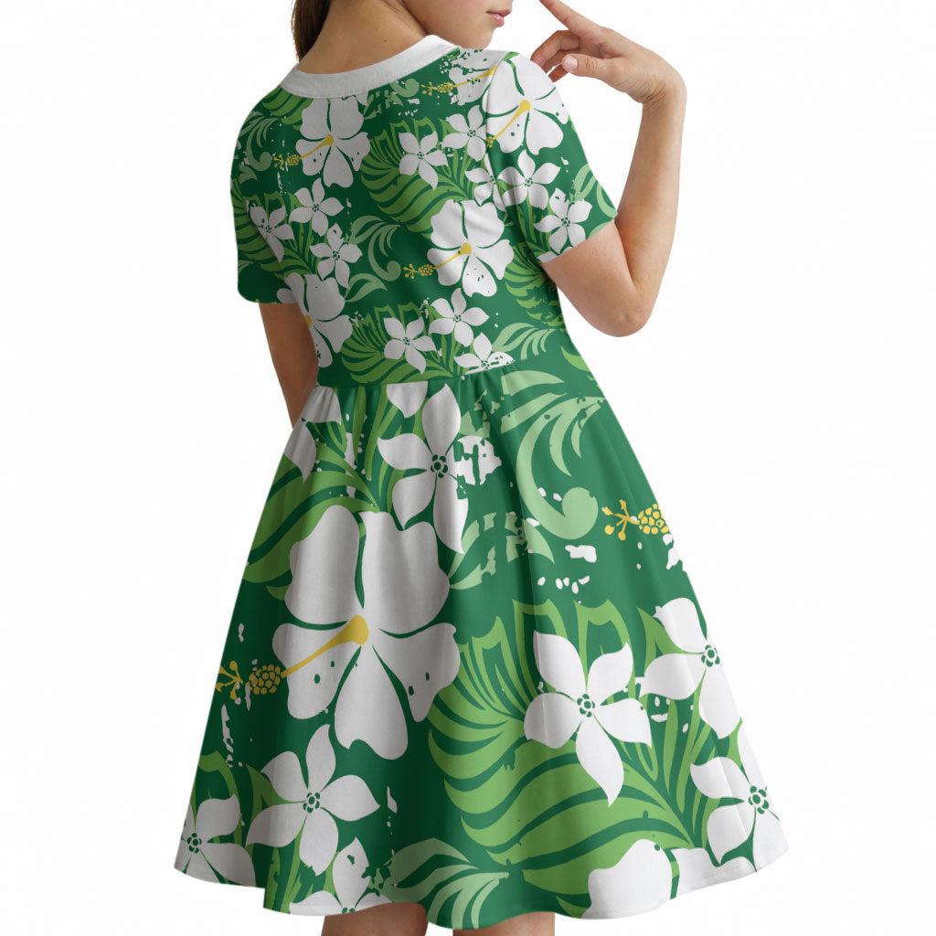 Green Hawaiian Hibiscus Monstera Kid Short Sleeve Dress Grunge Stylized LT01 - Polynesian Pride