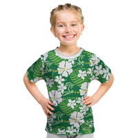 Green Hawaiian Hibiscus Monstera Kid T Shirt Grunge Stylized LT01 Green - Polynesian Pride