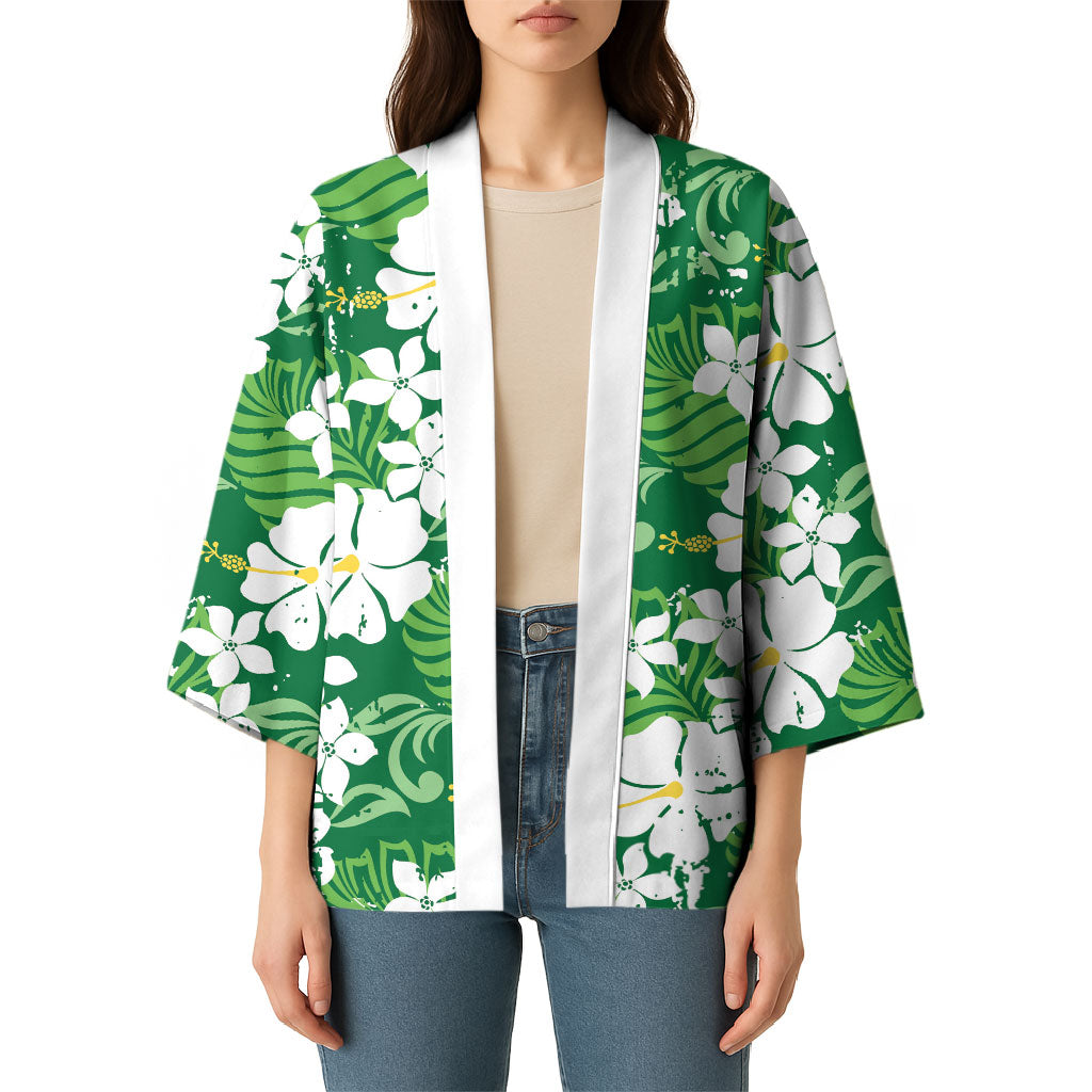 Green Hawaiian Hibiscus Monstera Kimono Grunge Stylized LT01 - Polynesian Pride