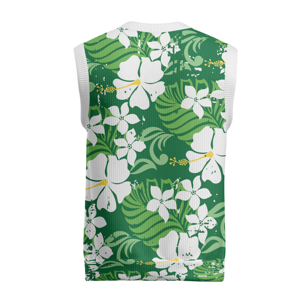 Green Hawaiian Hibiscus Monstera Christmas Knitted V-Neck Vest Grunge Stylized LT01 - Polynesian Pride