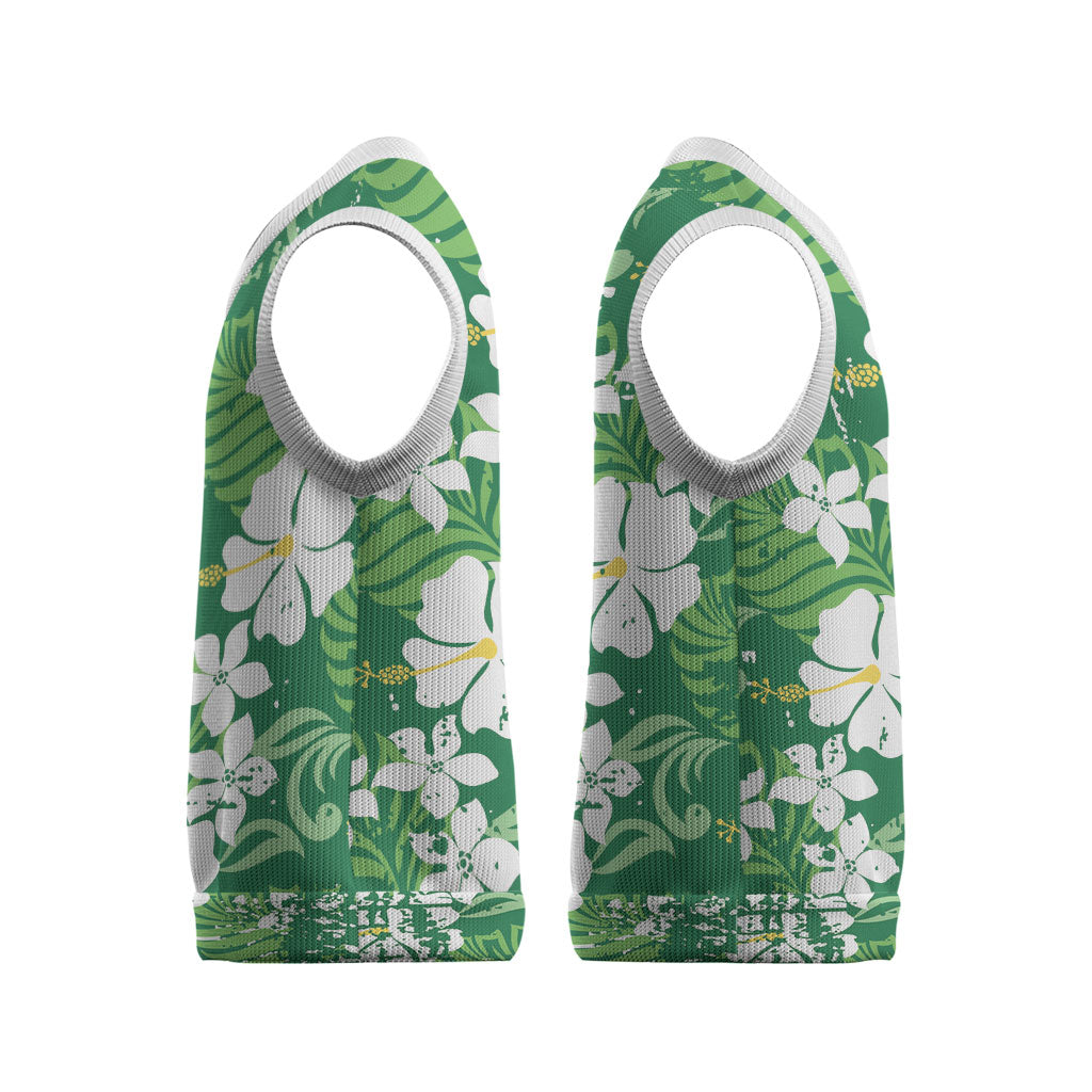Green Hawaiian Hibiscus Monstera Christmas Knitted V-Neck Vest Grunge Stylized LT01 - Polynesian Pride