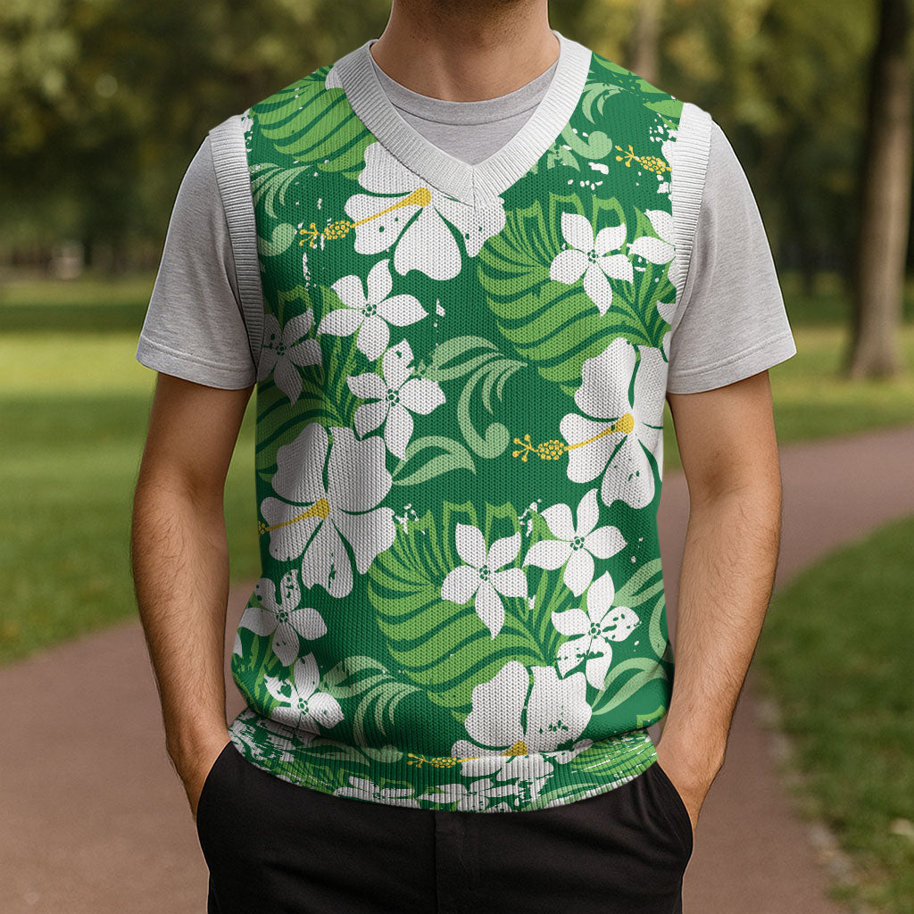 Green Hawaiian Hibiscus Monstera Christmas Knitted V-Neck Vest Grunge Stylized LT01 - Polynesian Pride