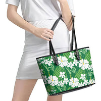 Green Hawaiian Hibiscus Monstera Leather Tote Bag Grunge Stylized LT01 - Polynesian Pride