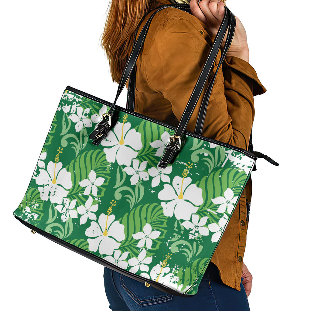 Green Hawaiian Hibiscus Monstera Leather Tote Bag Grunge Stylized LT01 - Polynesian Pride