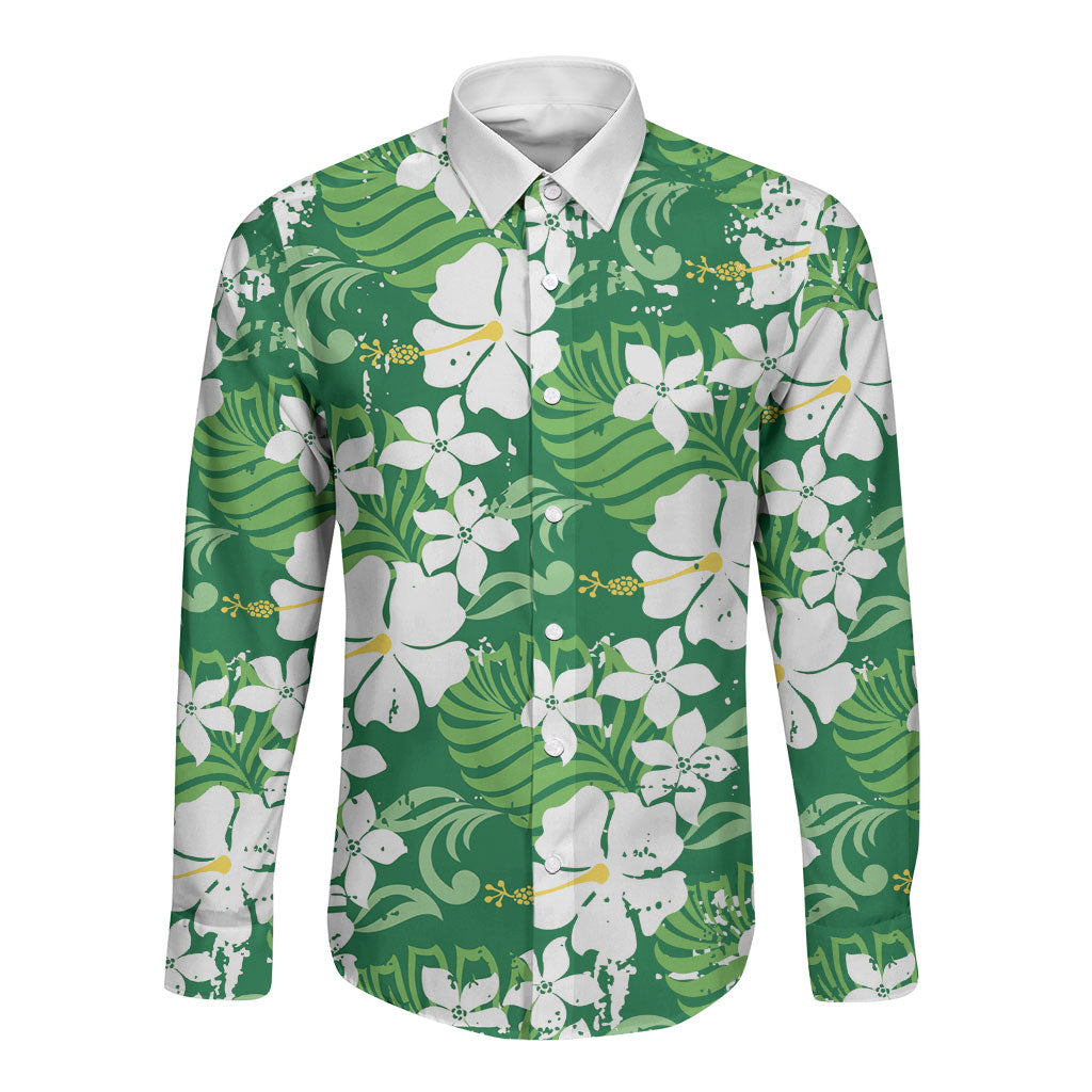 Green Hawaiian Hibiscus Monstera Long Sleeve Button Shirt Grunge Stylized LT01 Unisex Green - Polynesian Pride