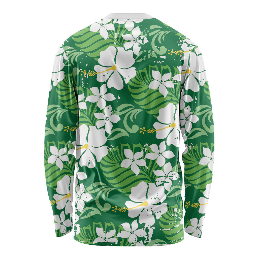 Green Hawaiian Hibiscus Monstera Long Sleeve Shirt Grunge Stylized LT01 - Polynesian Pride
