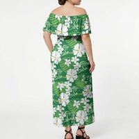 Green Hawaiian Hibiscus Monstera Off Shoulder Maxi Dress Grunge Stylized LT01 - Polynesian Pride