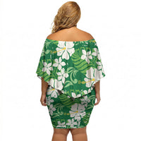 Green Hawaiian Hibiscus Monstera Off Shoulder Short Dress Grunge Stylized LT01 - Polynesian Pride