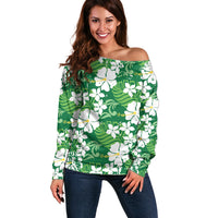 Green Hawaiian Hibiscus Monstera Off Shoulder Sweater Grunge Stylized LT01 Women Green - Polynesian Pride