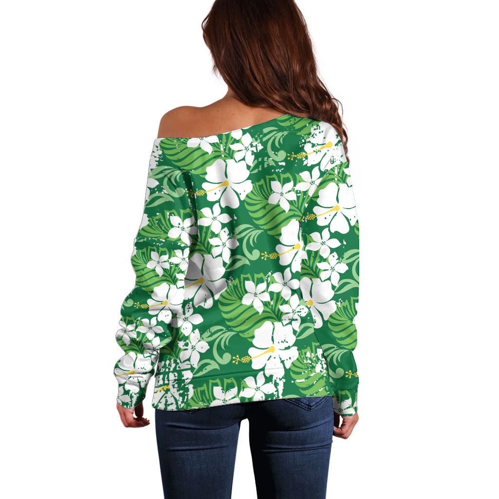 Green Hawaiian Hibiscus Monstera Off Shoulder Sweater Grunge Stylized LT01 - Polynesian Pride