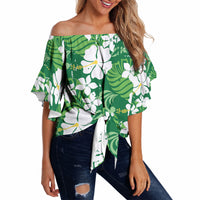 Green Hawaiian Hibiscus Monstera Off Shoulder Wrap Waist Top Grunge Stylized LT01 Green - Polynesian Pride