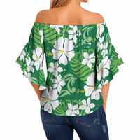 Green Hawaiian Hibiscus Monstera Off Shoulder Wrap Waist Top Grunge Stylized LT01 - Polynesian Pride
