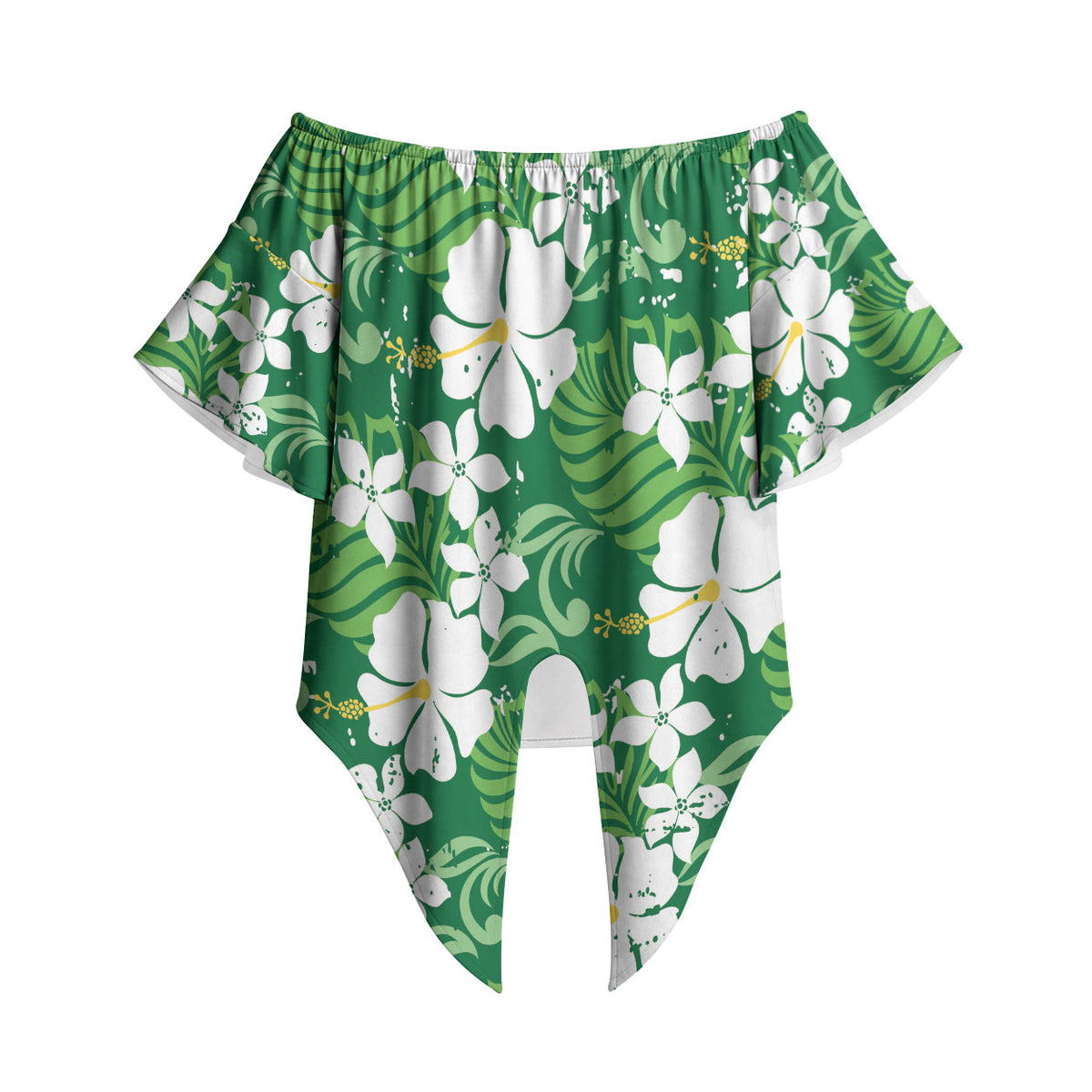 Green Hawaiian Hibiscus Monstera Off Shoulder Wrap Waist Top Grunge Stylized LT01 - Polynesian Pride