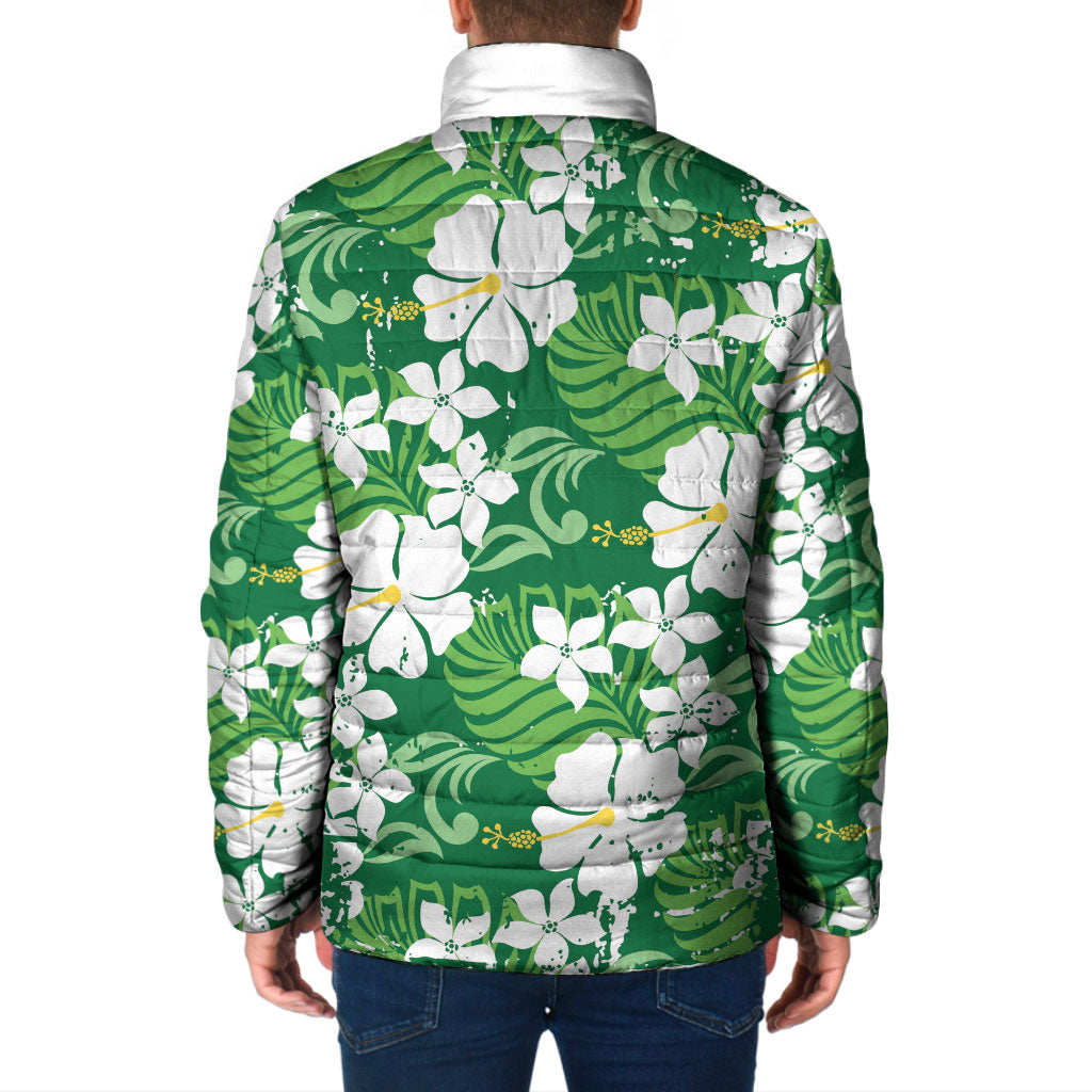 Green Hawaiian Hibiscus Monstera Padded Jacket Grunge Stylized LT01 - Polynesian Pride