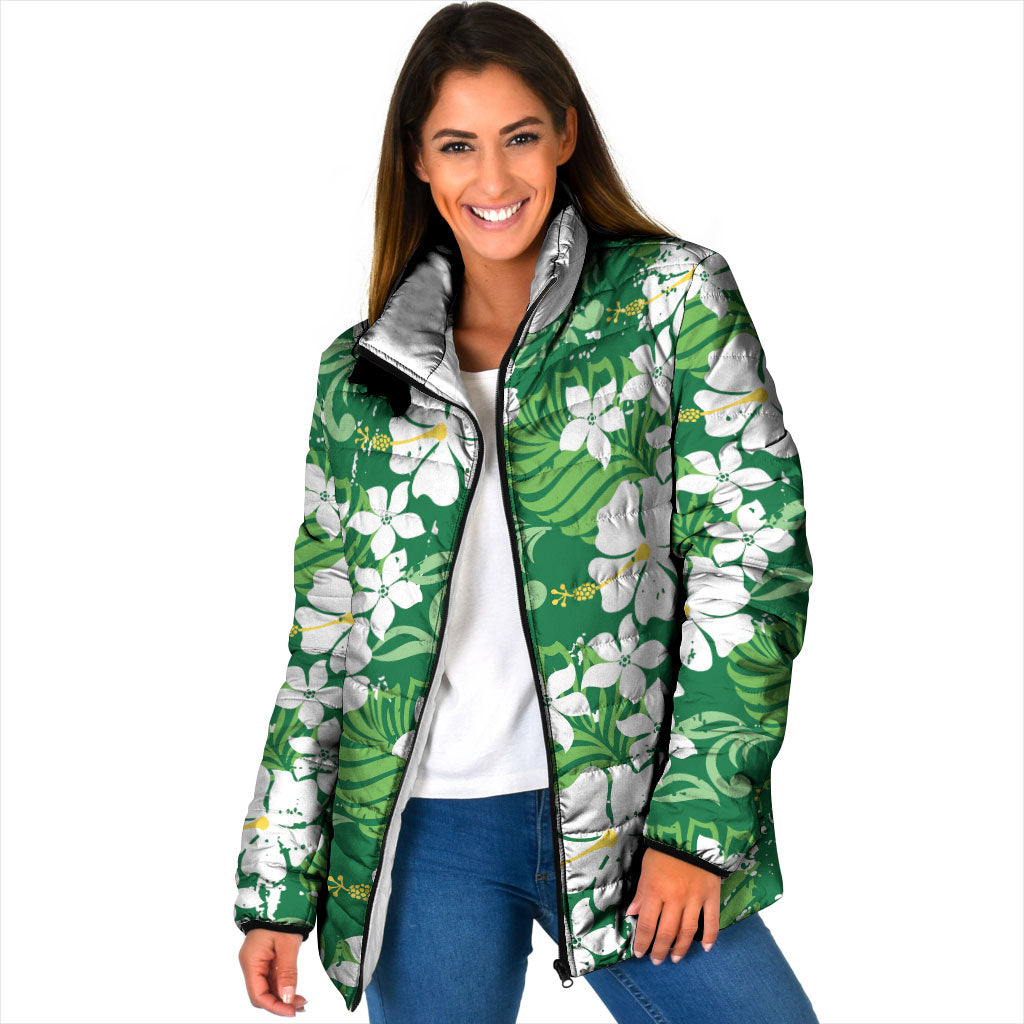 Green Hawaiian Hibiscus Monstera Padded Jacket Grunge Stylized LT01 Women Green - Polynesian Pride