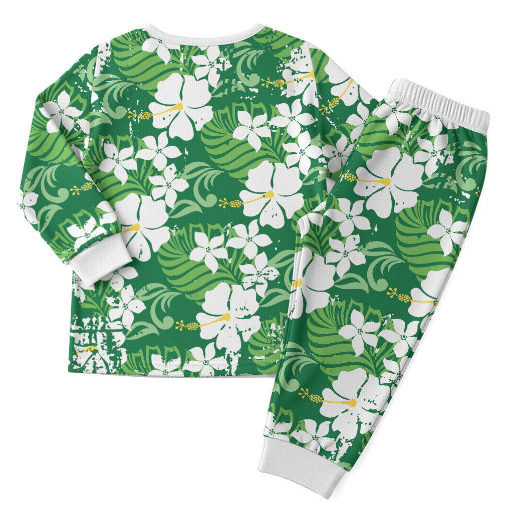 Green Hawaiian Hibiscus Monstera Christmas Pajama Set Grunge Stylized LT01 - Polynesian Pride