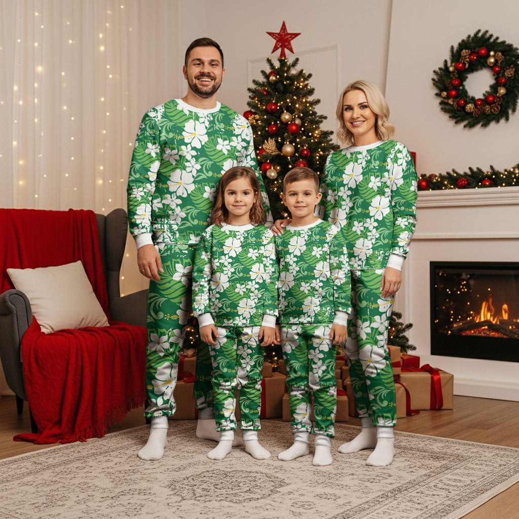 Green Hawaiian Hibiscus Monstera Christmas Pajama Set Grunge Stylized LT01 - Polynesian Pride