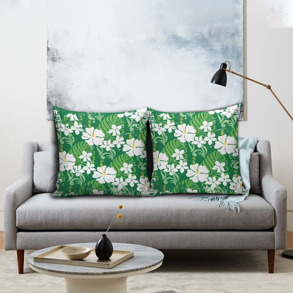 Green Hawaiian Hibiscus Monstera Pillow Cover Grunge Stylized LT01 - Polynesian Pride