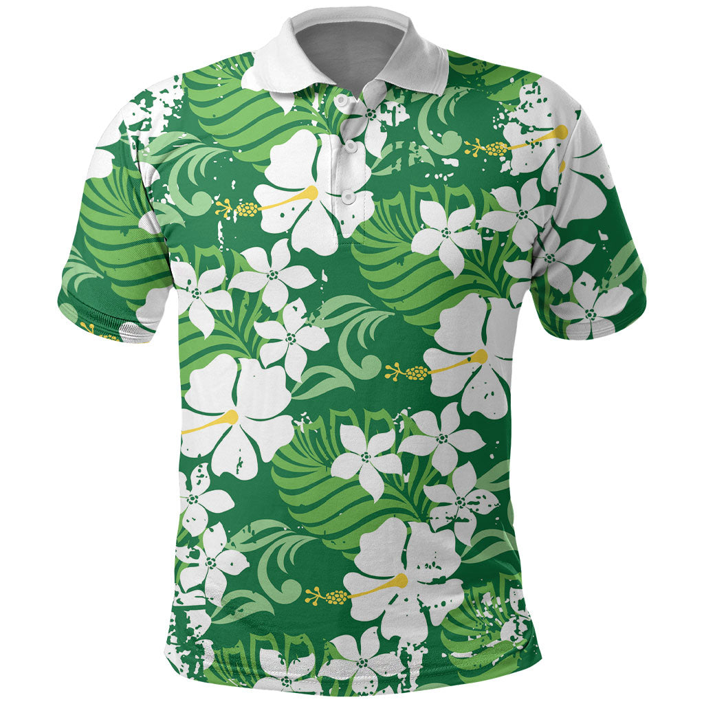 Green Hawaiian Hibiscus Monstera Polo Shirt Grunge Stylized