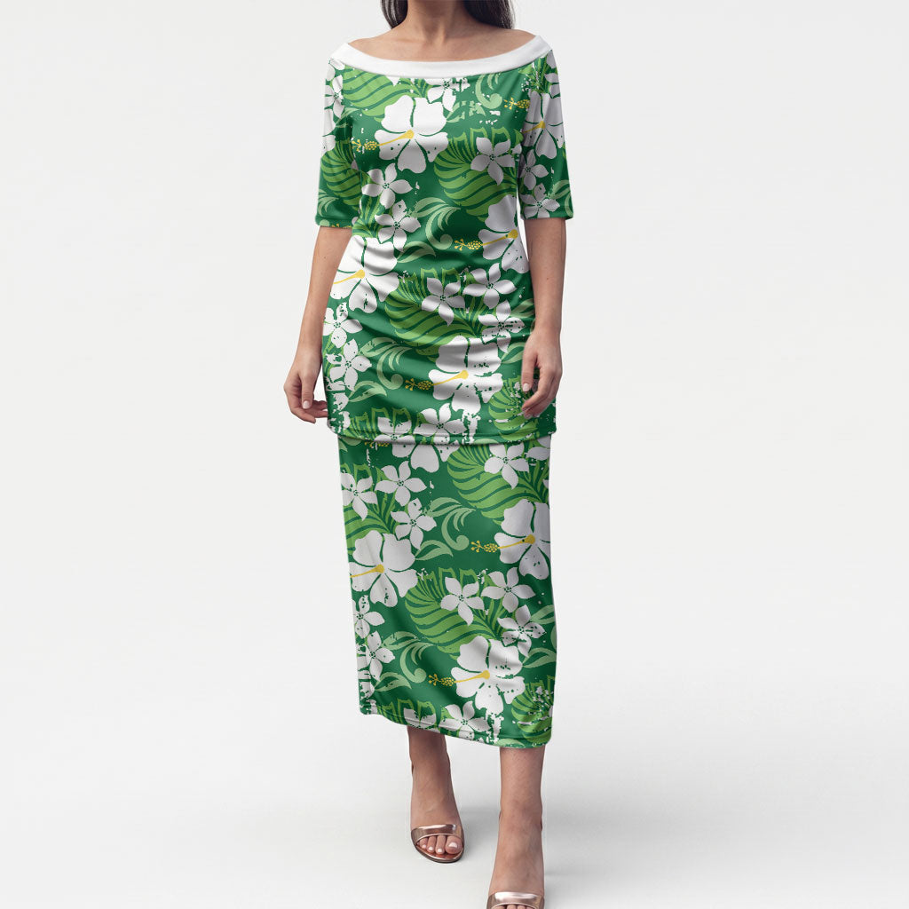 Green Hawaiian Hibiscus Monstera Puletasi Grunge Stylized LT01 Long Dress Green - Polynesian Pride