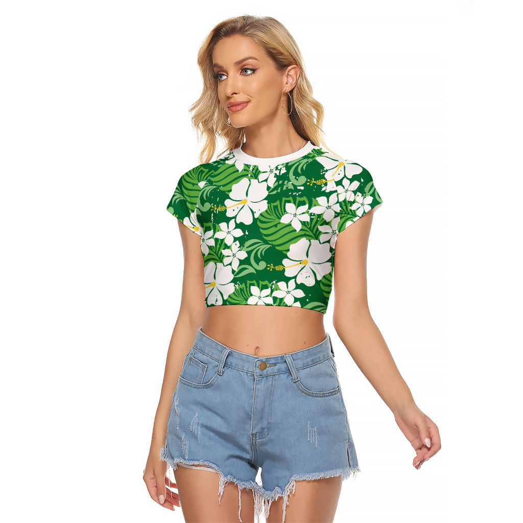 Green Hawaiian Hibiscus Monstera Raglan Cropped T Shirt Grunge Stylized LT01 Female Green - Polynesian Pride