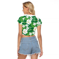 Green Hawaiian Hibiscus Monstera Raglan Cropped T Shirt Grunge Stylized LT01 - Polynesian Pride
