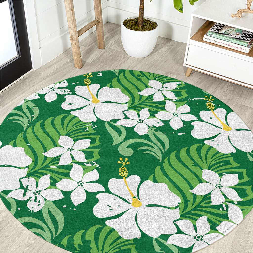 Green Hawaiian Hibiscus Monstera Round Carpet Grunge Stylized LT01 Green - Polynesian Pride
