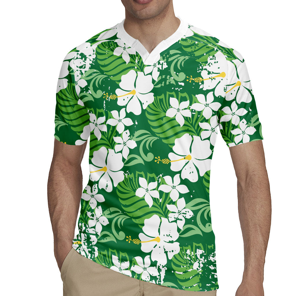 Green Hawaiian Hibiscus Monstera Rugby Jersey Grunge Stylized LT01 - Polynesian Pride
