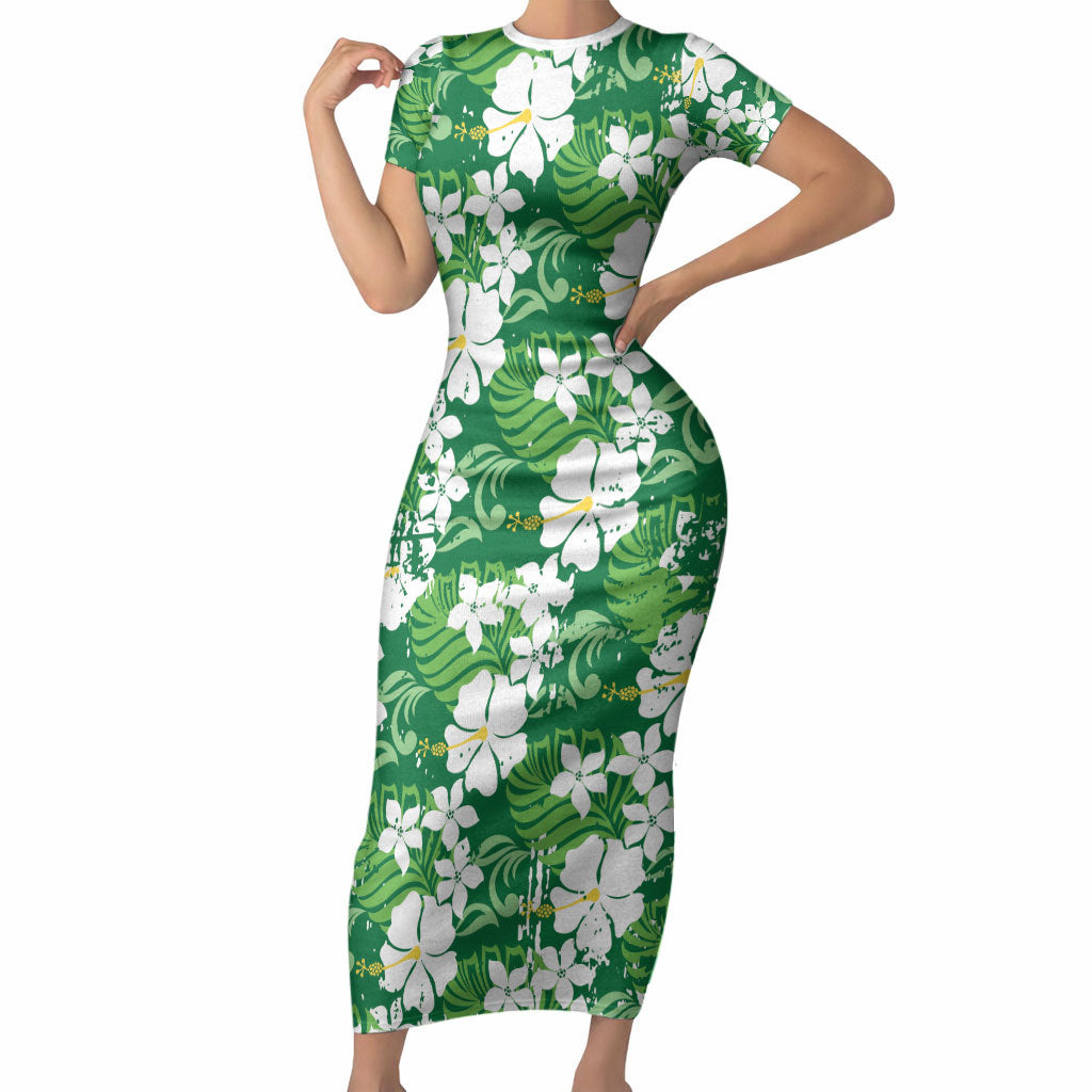 Green Hawaiian Hibiscus Monstera Short Sleeve Bodycon Dress Grunge Stylized LT01 Long Dress Green - Polynesian Pride
