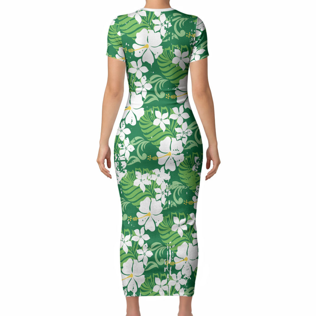 Green Hawaiian Hibiscus Monstera Short Sleeve Bodycon Dress Grunge Stylized LT01 - Polynesian Pride