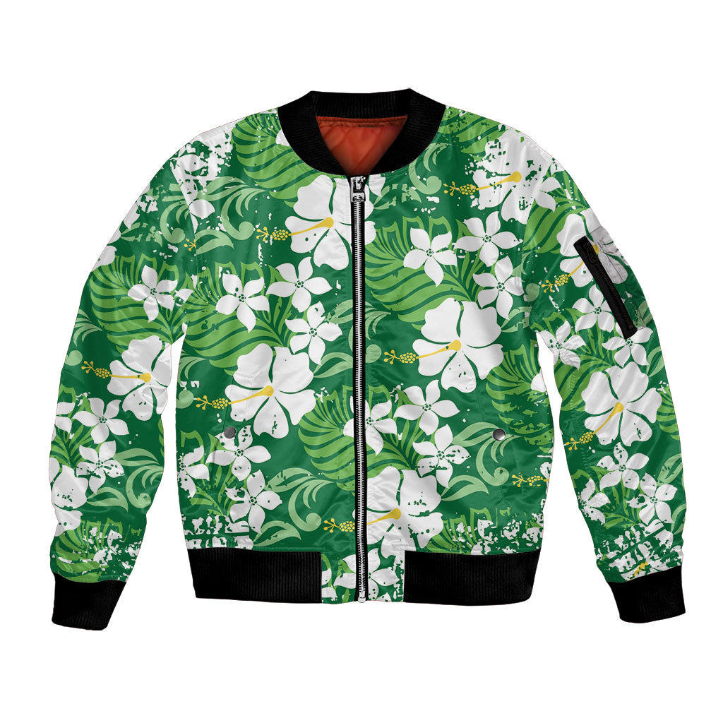 Green Hawaiian Hibiscus Monstera Sleeve Zip Bomber Jacket Grunge Stylized LT01 Unisex Green - Polynesian Pride