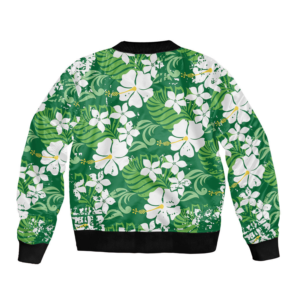 Green Hawaiian Hibiscus Monstera Sleeve Zip Bomber Jacket Grunge Stylized LT01 - Polynesian Pride