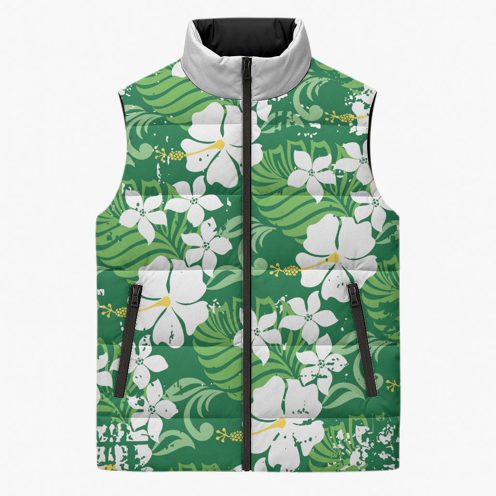 Green Hawaiian Hibiscus Monstera Sleeveless Puffer Jacket Grunge Stylized LT01 Unisex Green - Polynesian Pride